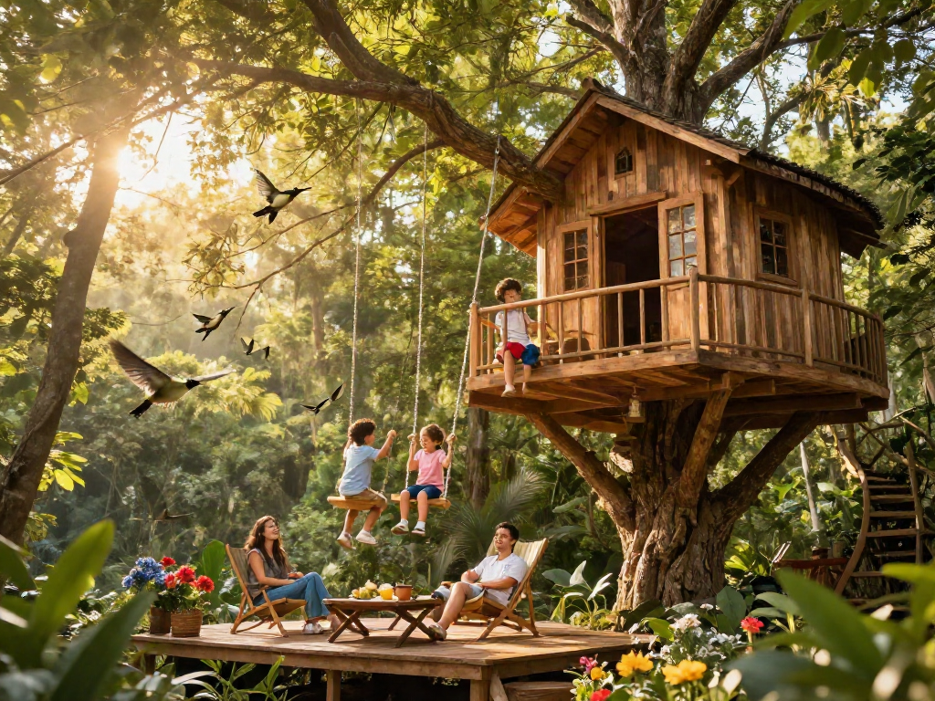 Family enjoying tree house life in a green forest, children playing and parents relaxing.