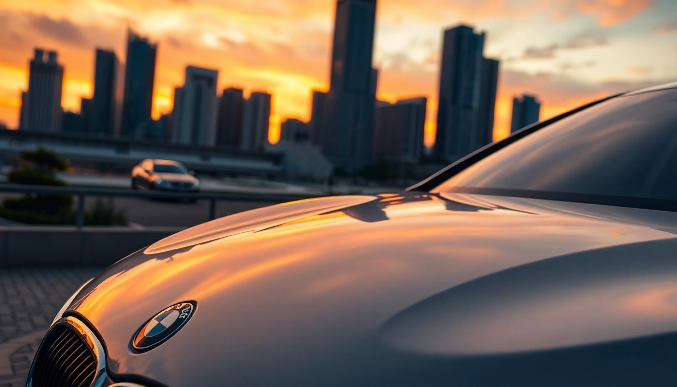 Luxury BMW car showcasing elegance and sophistication against a city skyline.