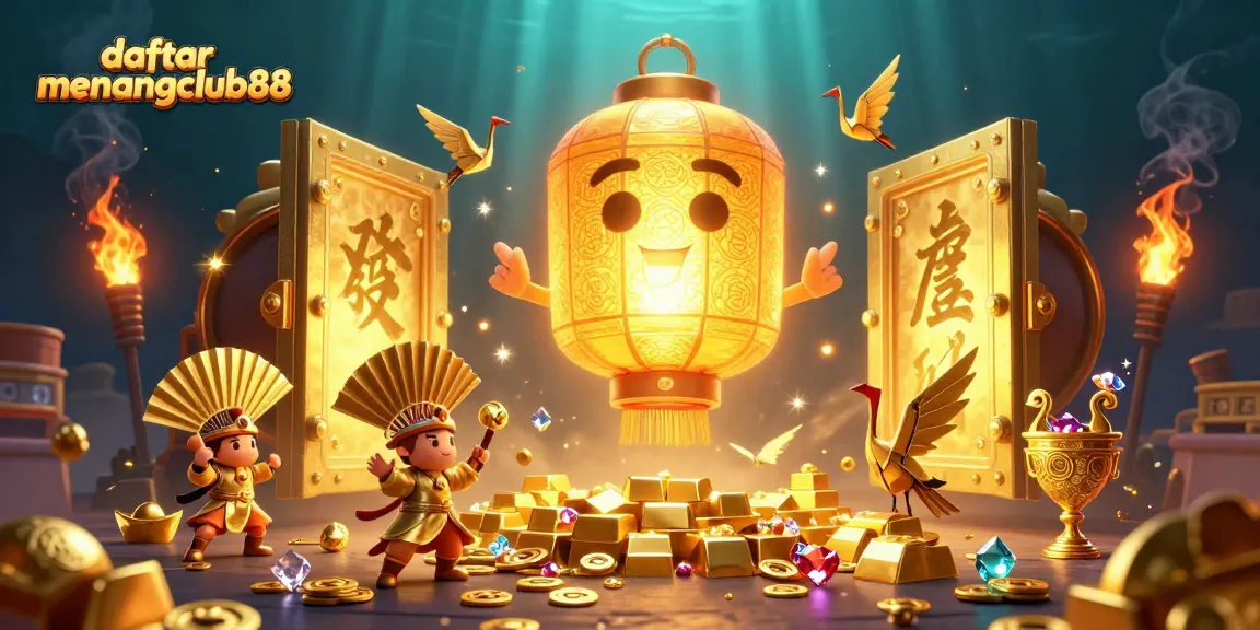 Win exciting jackpots with daftar menangclub88 in this vibrant 3D casino scene featuring golden treasures.