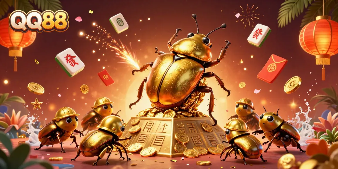 Join the excitement at QQ88 with golden beetles and casino symbols in a vibrant 3D scene.