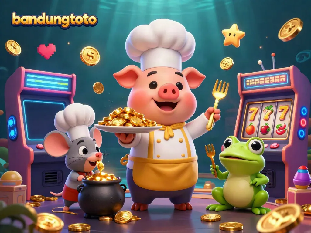 Engage with bandungtoto casino action featuring a whimsical chef pig, sous-chef mouse, and critic frog amidst vibrant gaming dynamics.