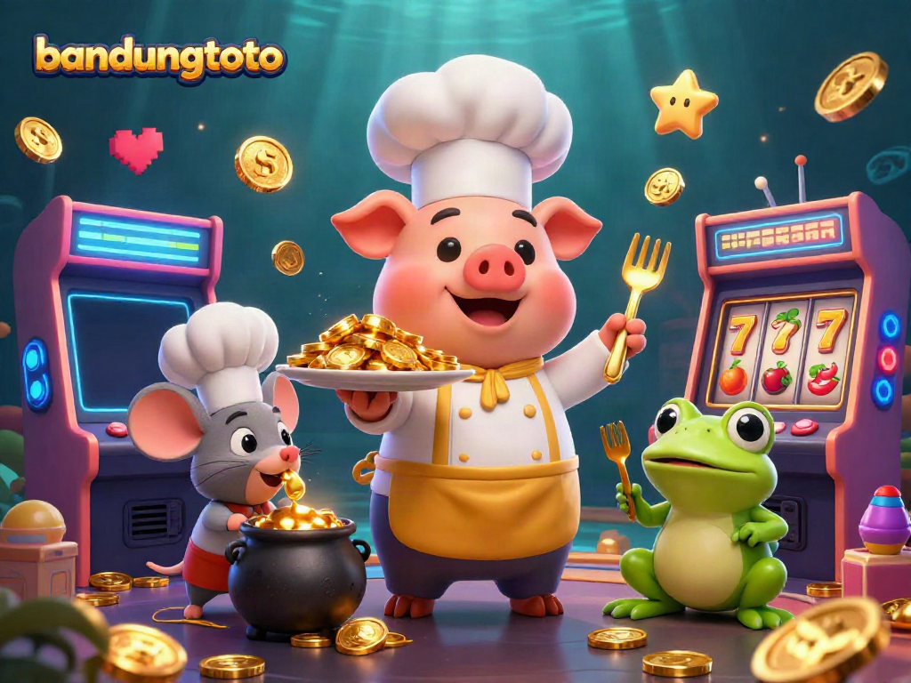 Engage with bandungtoto casino action featuring a whimsical chef pig, sous-chef mouse, and critic frog amidst vibrant gaming dynamics.