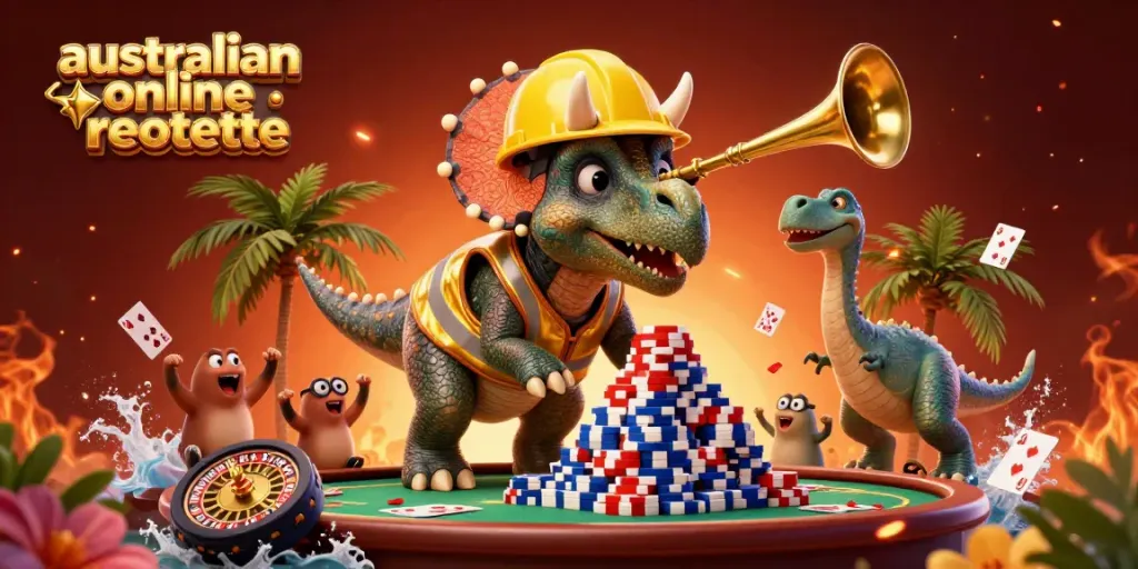 Engage with australian online roulette in a vibrant 3D illustration featuring casino characters and game elements.