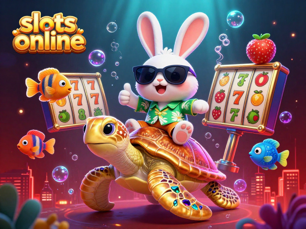 Spin to win with slots online featuring a cartoon rabbit and golden turtle in a vibrant casino scene.