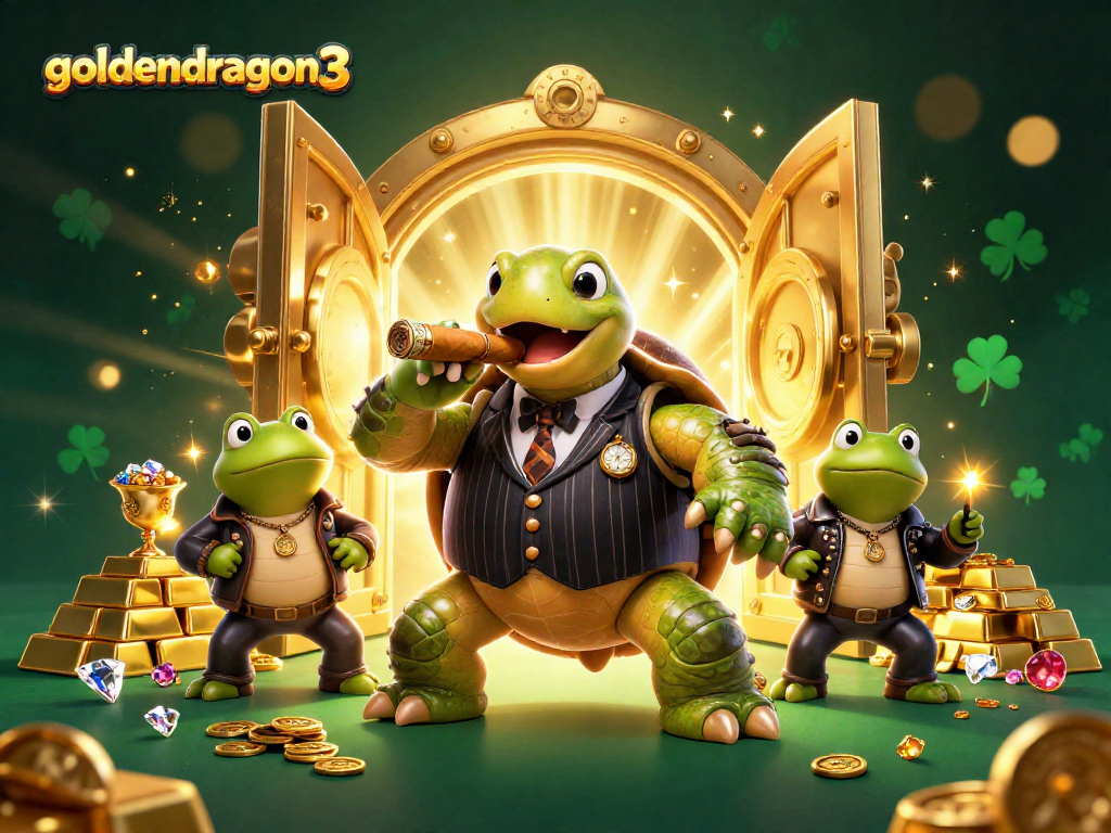 Experience goldendragon3 in this vibrant 3D turtle and bullfrogs casino scene filled with treasures and winning vibes.