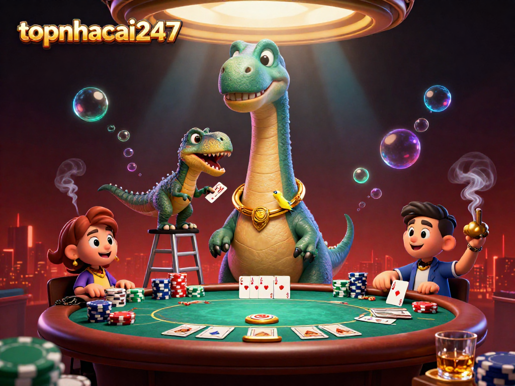 topnhacai247 showcases a giant brontosaurus in a vibrant casino environment, highlighting poker action and excitement.