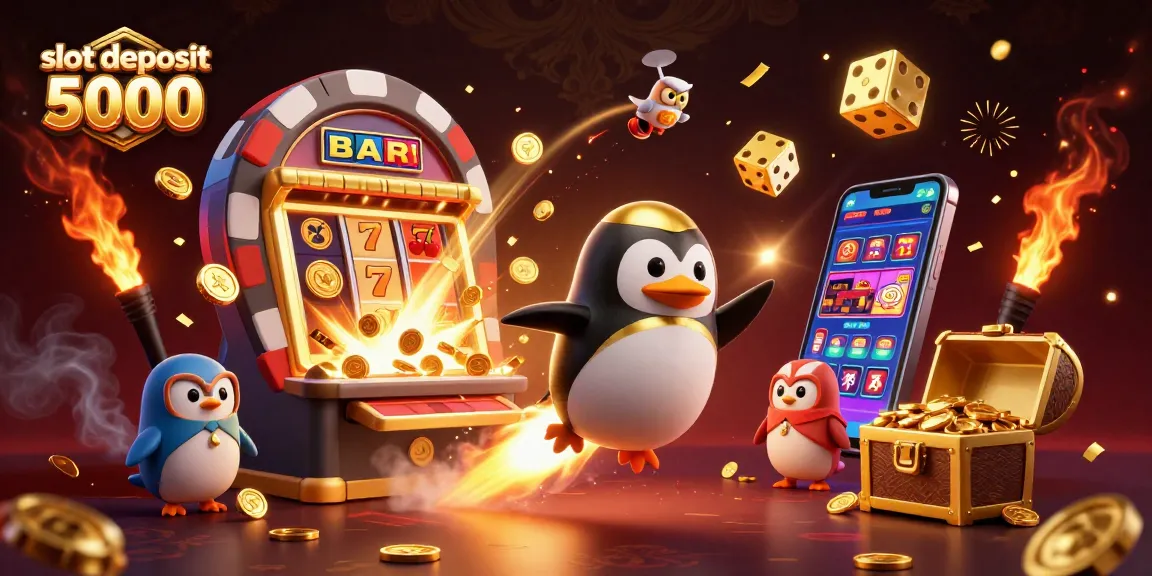 Experience the thrill of slot deposit 5000 with an action-packed scene of colorful games, coins, and a golden penguin.