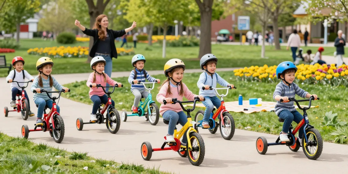 Explore the best kids tricycles in a lively park scene featuring happy children riding Scout tricycles.