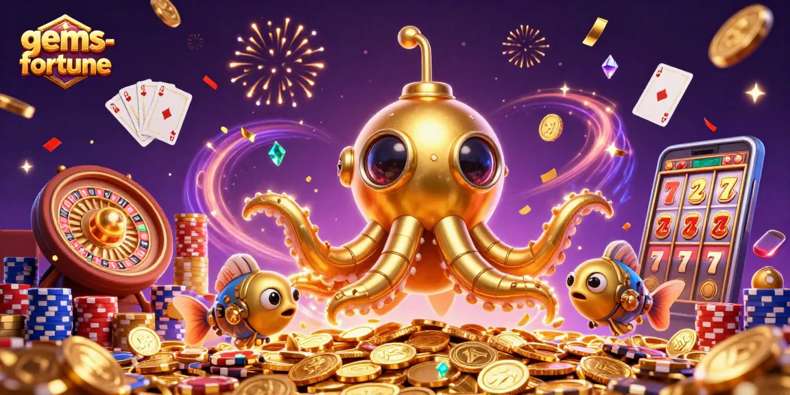 Engage with gems-fortune in a vibrant casino scene filled with gold coins and treasure.