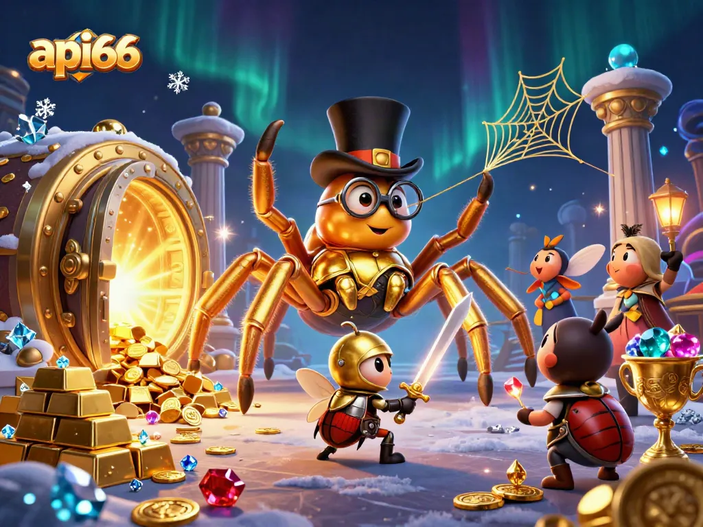 Engage with api66's colorful 3D casino world featuring a golden tarantula and beetle knight.
