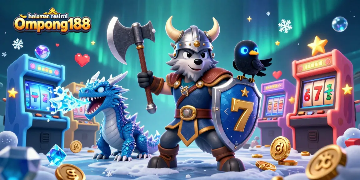 Gambarkan kemenangan di halaman resmi Ompong188 dengan Viking, Naga, dan Kucing Cerah.