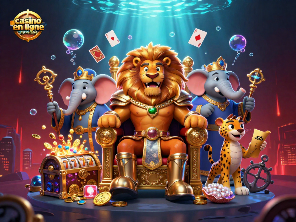 Découvrez le casino en ligne argent réel avec cette illustration captivante, mettant en scène un roi lion avec des trésors et des éléments de jeu.