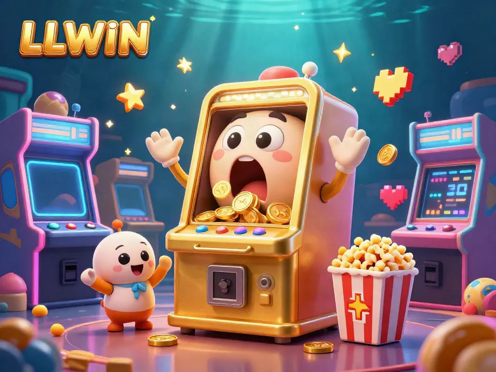 Experience the excitement at LLWIN with a cartoon slot machine celebrating a jackpot while surrounded by colorful gaming elements.