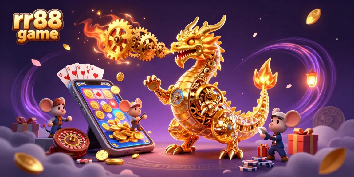 Experience the excitement of rr88 game with golden spinning reels, coins, and a biomechanical dragon.