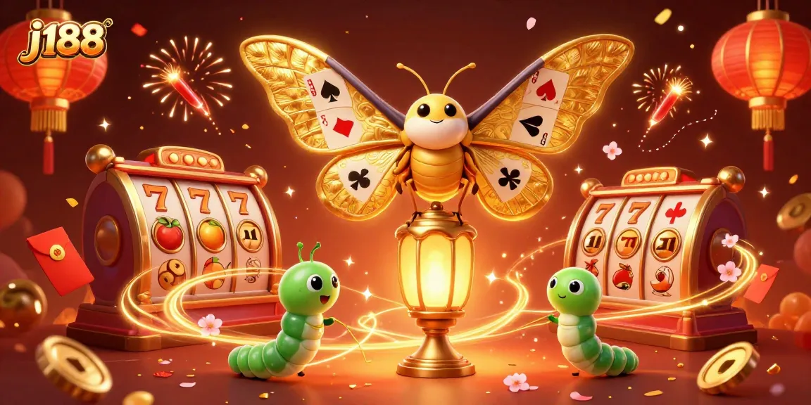 Engage with thrilling j188 slots as a majestic atlas moth and golden lantern animate the casino scene.