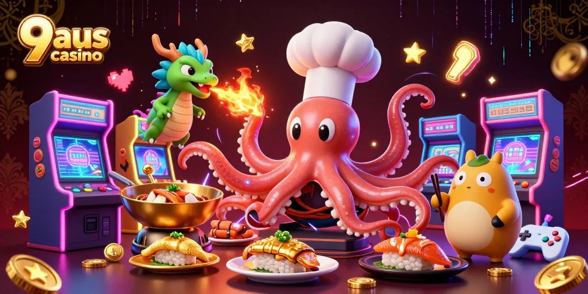 Engage with the immersive 9aus casino scene featuring character-driven excitement and vibrant gameplay icons.