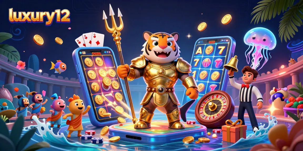 Di dalam gambar, luxury12 menampilkan ikan hiu kartun berarmor gladiator dengan latar belakang kasino, melawan simbol jackpot dan koin emas.