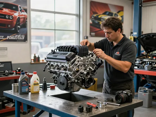 Hellcat engine for sale presented in a vibrant automotive workshop, highlighting craftsmanship.