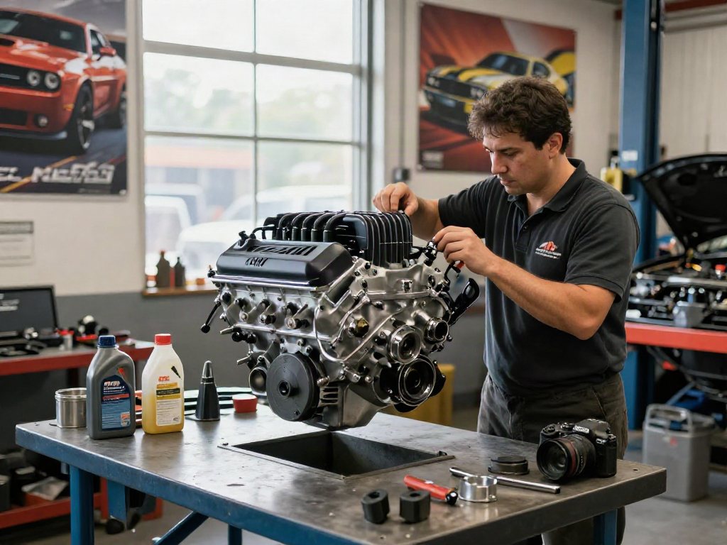 Hellcat engine for sale presented in a vibrant automotive workshop, highlighting craftsmanship.