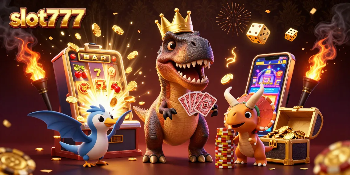 Menggoda dengan slot777, karakter kartun dinosaurus di kasino virtual yang penuh fortuna dan keseruan.