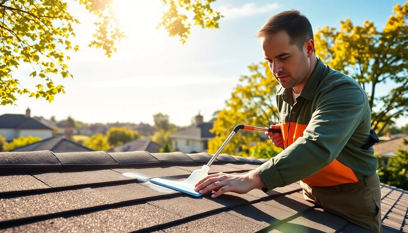 Effective roof cleaning process showcasing a technician removing debris and stains from an asphalt roof.
