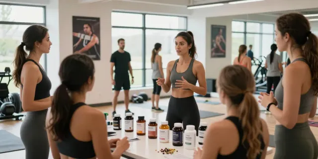 Weight loss peptides canafab workshop with participants discussing peptide health benefits in a bright fitness studio.