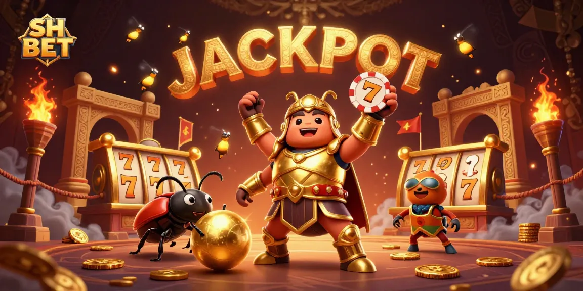 Engage with SH BET's vibrant casino world as a hero beetle triumphantly lifts a poker chip amidst dynamic jackpots.