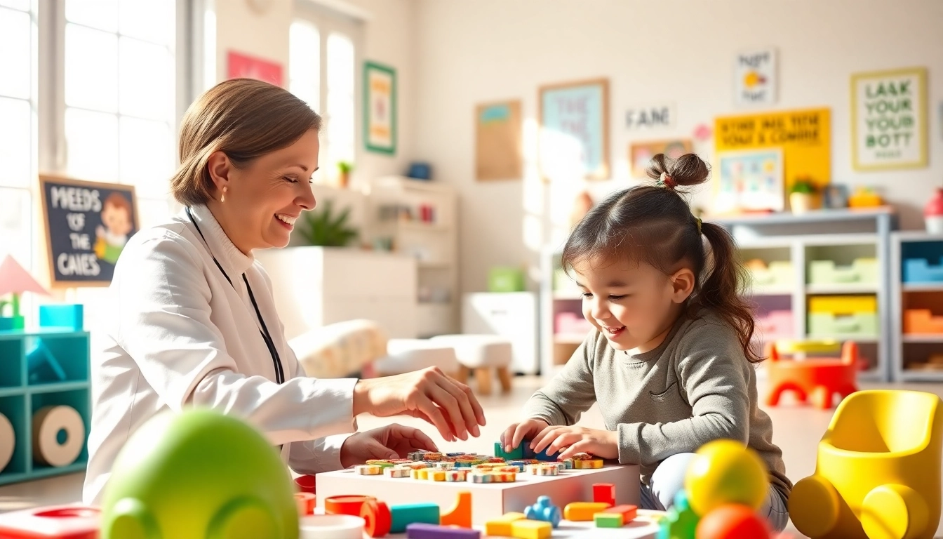 Engaging ABA therapy in Livonia session between therapist and child in a colorful, supportive environment.
