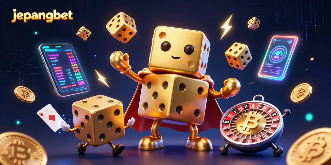 Engaging scene of jepangbet characters featuring a golden dice golem and neon crypto elements.