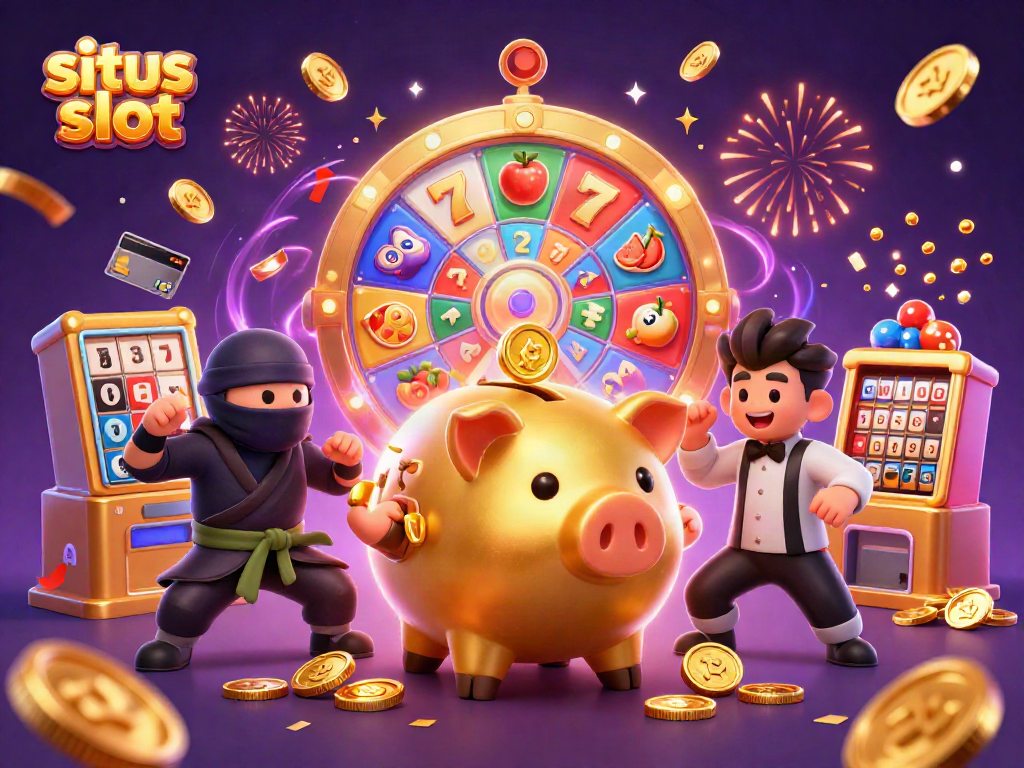 Visualisasi situs slot dengan karakter kartun menghibur dalam atmosfer kasino yang penuh keceriaan.
