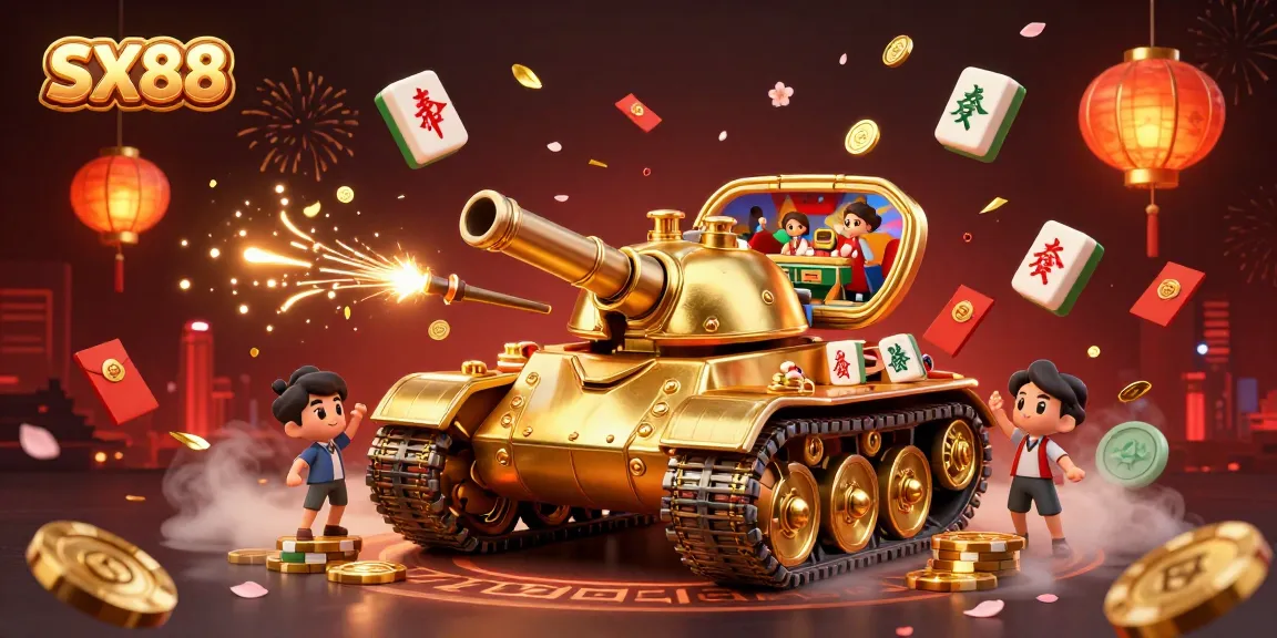 SX88's colorful casino scene features a golden beetle tank revealing a vibrant mini casino with festive elements.
