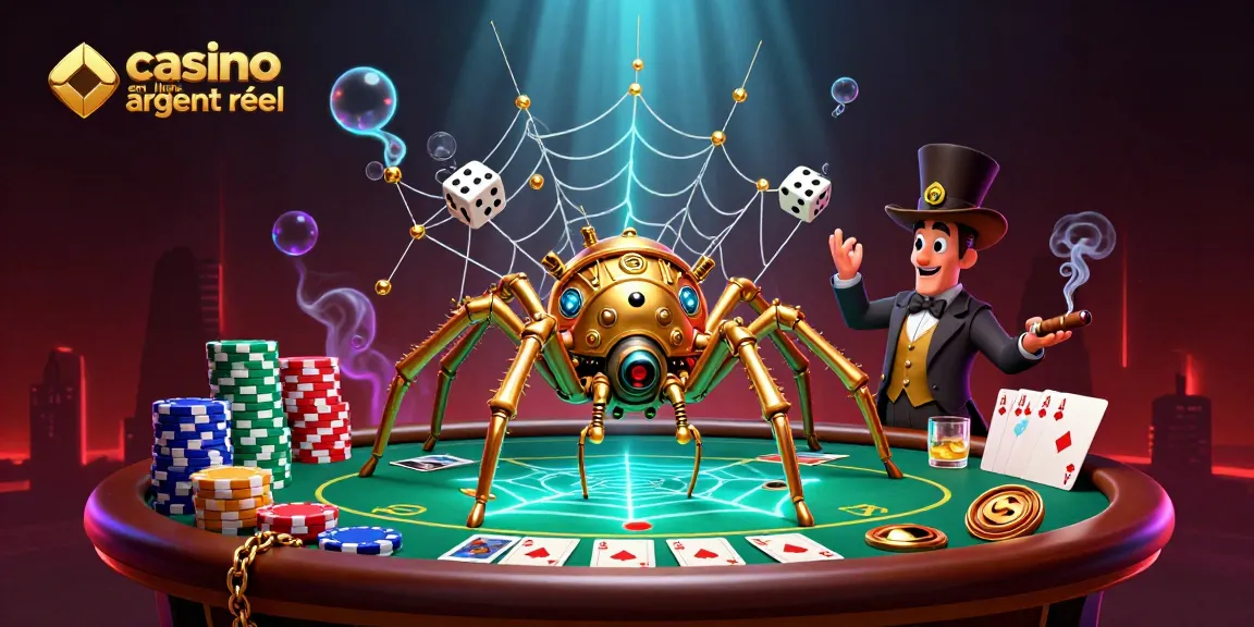 Jouez au casino en ligne argent réel et découvrez une illustration captivante avec une araignée steampunk.