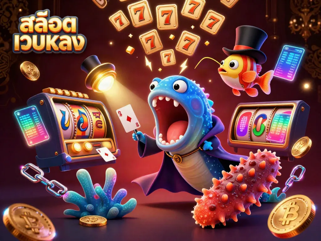 Experience the thrill of สล็อตเว็บตรง with magical acts performed by a deep-sea eel, anglerfish, and a sea cucumber in a vibrant casino scene.