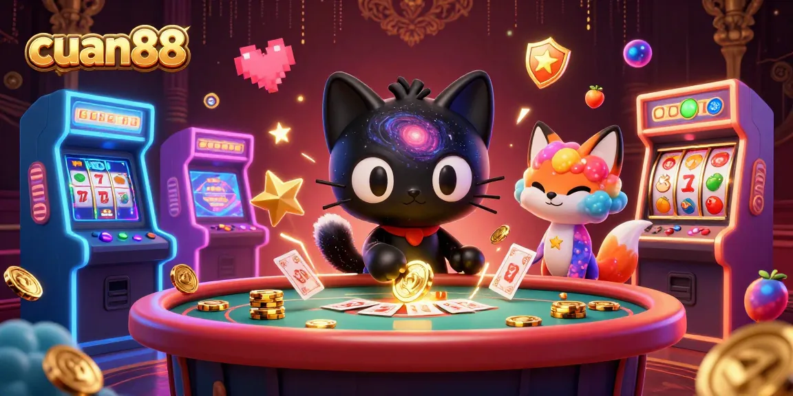 Memenangkan chip emas di CUAN88 dengan kucing lubang hitam sedang bermain di meja kasino digital.
