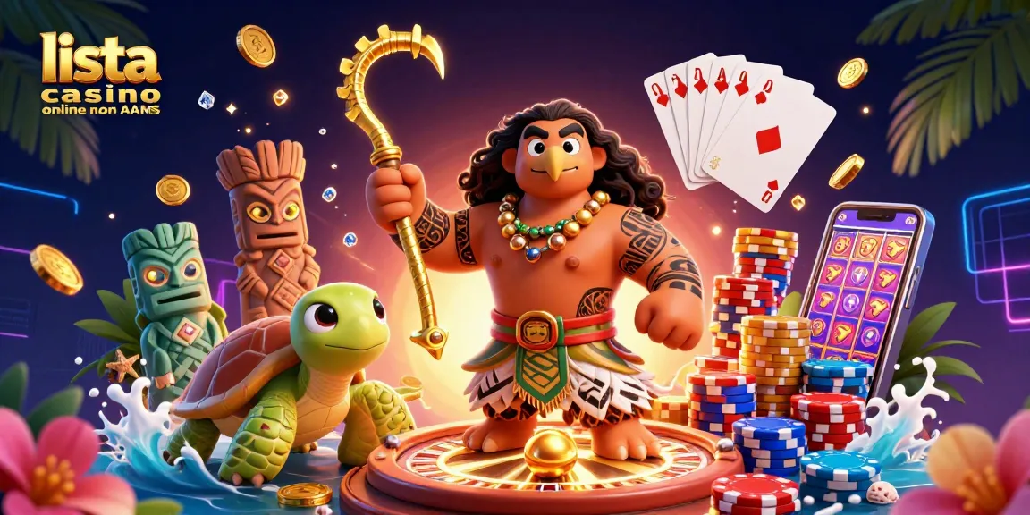Lista casino online non AAMS: gioca con il demigod Maui e la tartaruga in un'illustrazione 3D unica.