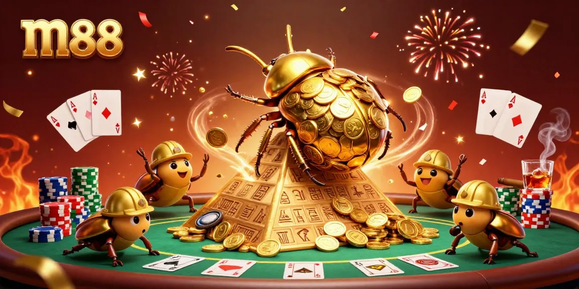 Experience the thrilling atmosphere of m88 with golden dung beetles rolling coins amid poker tables and vibrant celebrations.