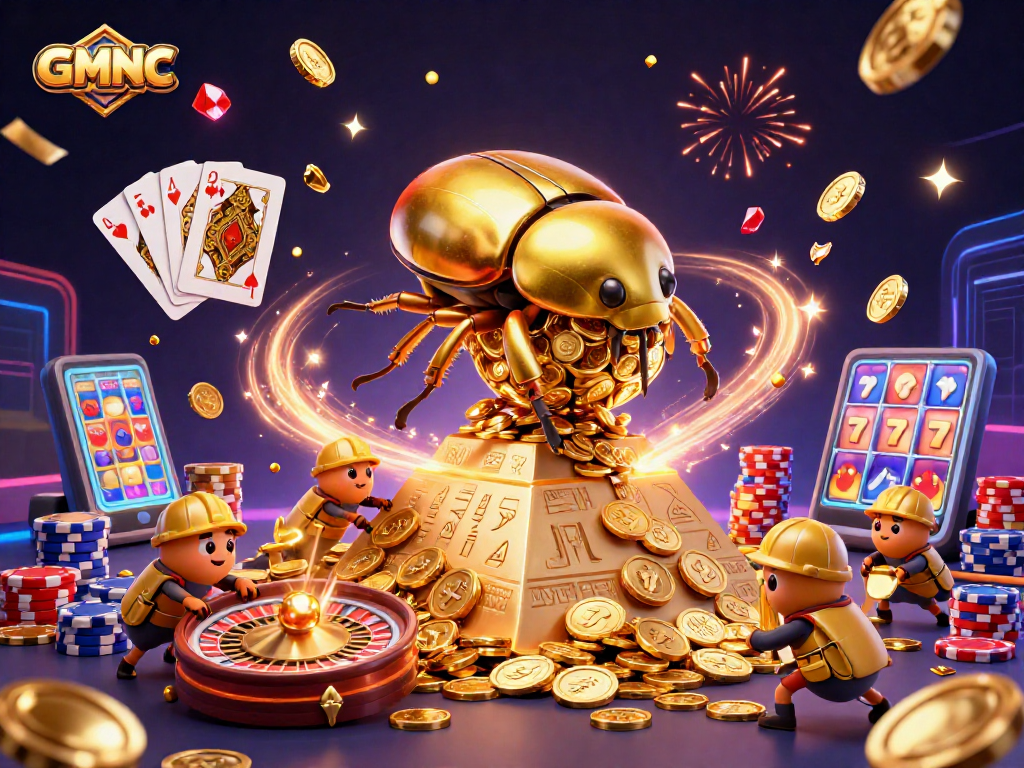 Experience vibrant casino excitement with GMNC in this dynamic, festive 3D illustration.