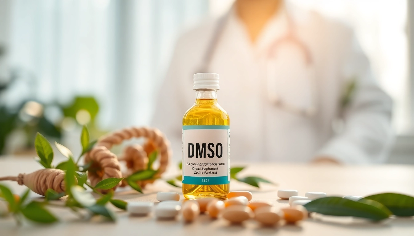 Showcase DMSO supplement glass vial in a healing-oriented environment.