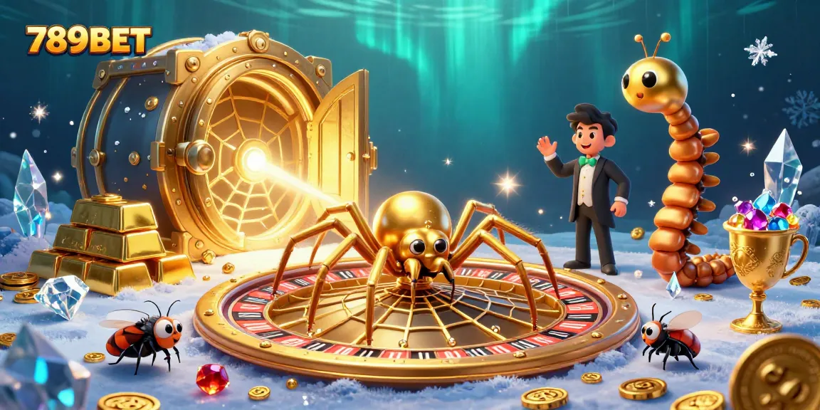Engage with thrilling bets at 789BET with a vibrant casino scene featuring a golden spider and centipede croupier.