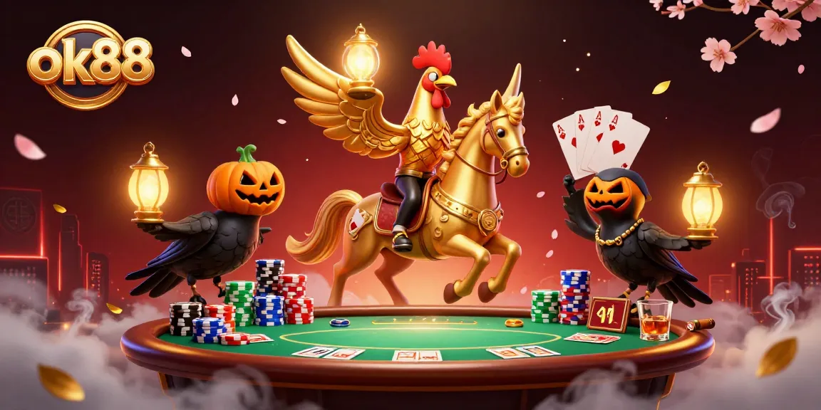Engage in the dynamic casino atmosphere with ok88, featuring a golden rooster and immersive gaming elements.