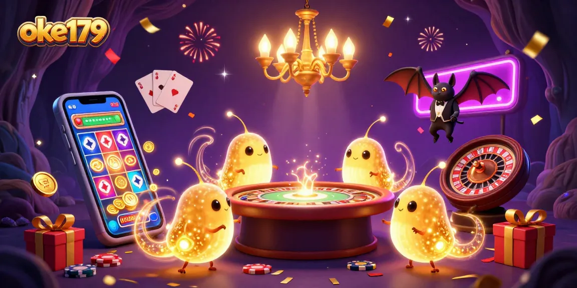 Experience the thrill of oke179 with a lively casino scene featuring cartoon glowworms and a bat dealer.
