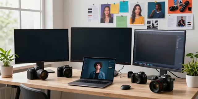 Creative professional using Typeshutter in a vibrant workspace with AI-generated images.