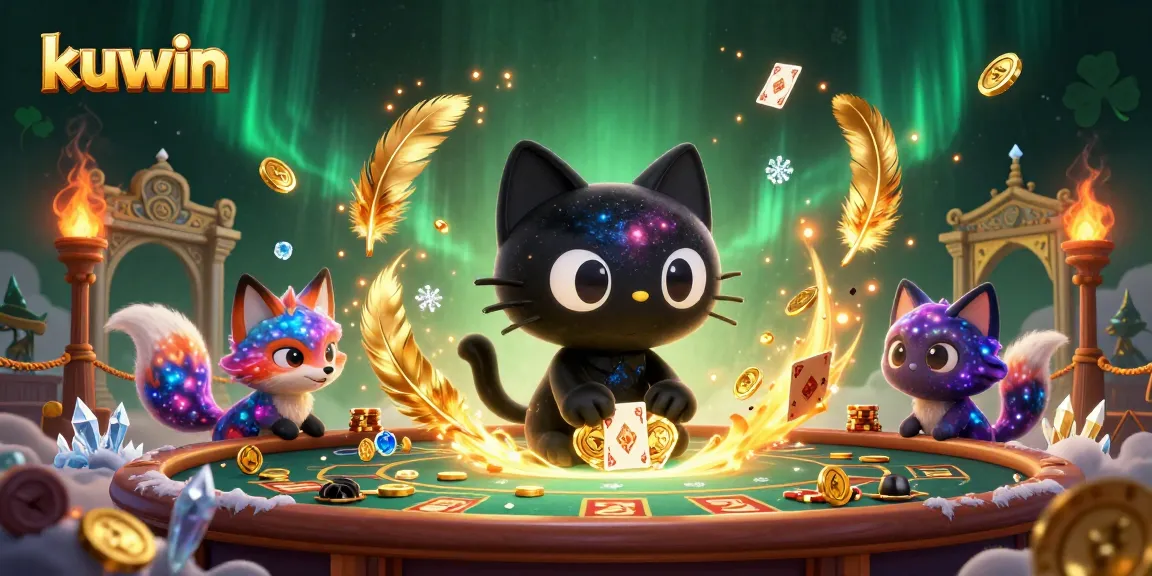 Kuwin offers vibrant casino action, showcasing a black hole cat and a nebula fox amidst swirling golden chips and cosmic elements.