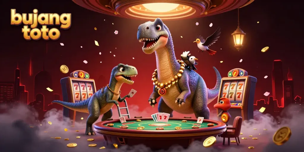 Bujang toto showcases a vibrant 3D casino scene with a cartoon brontosaurus and raptor dealing cards.