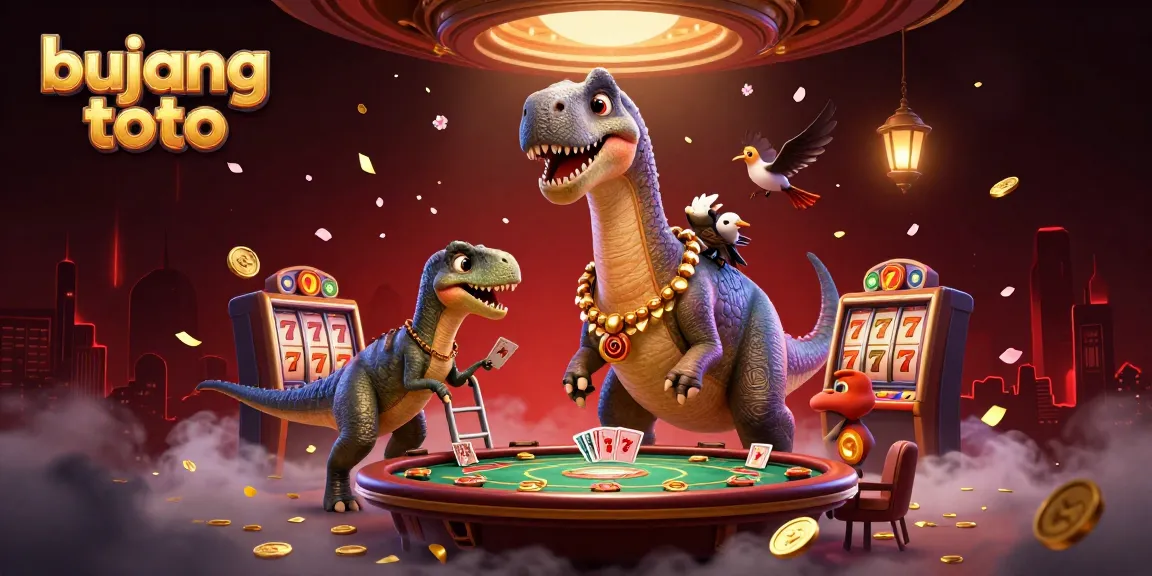 Bujang toto showcases a vibrant 3D casino scene with a cartoon brontosaurus and raptor dealing cards.
