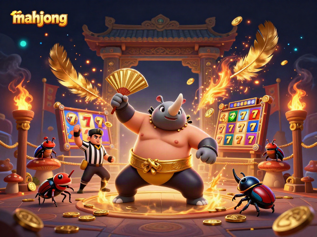 Mahjong-themed illustration showcasing a beetle sumo champion in a casino environment.