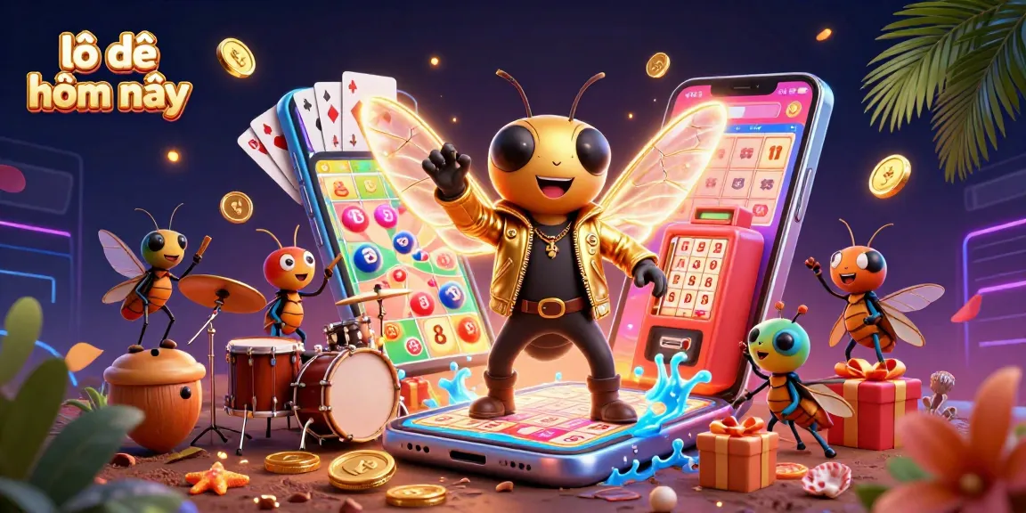 Lô đề hôm nay celebrates lottery excitement with a vibrant 3D scene featuring rock stars and gaming elements.