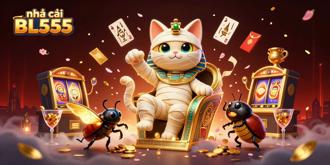 Experience the thrill of nhà cái BL555 with an Egyptian mummy cat bursting out of a casino sarcophagus.