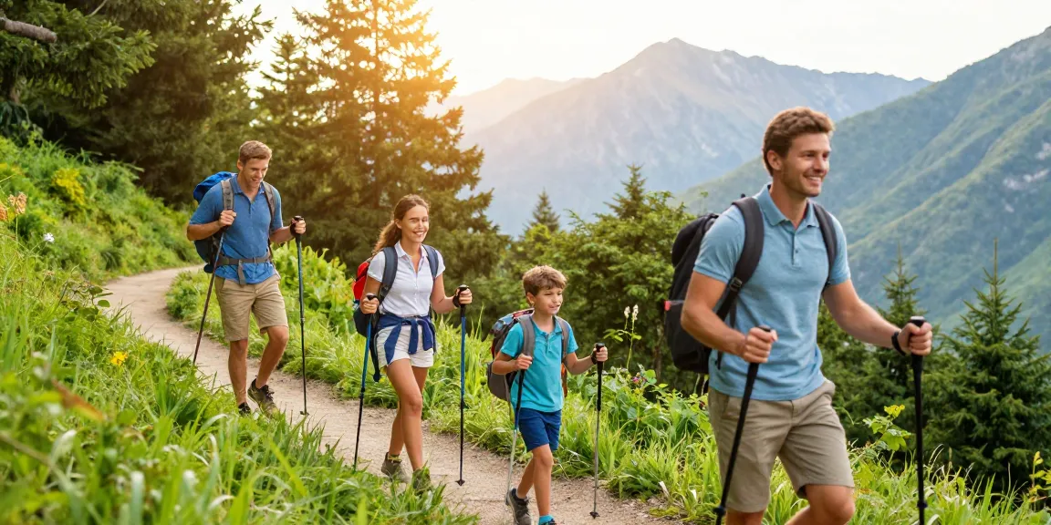 Family adventure exploring the mountains with mantra88, enjoying nature and bonding.