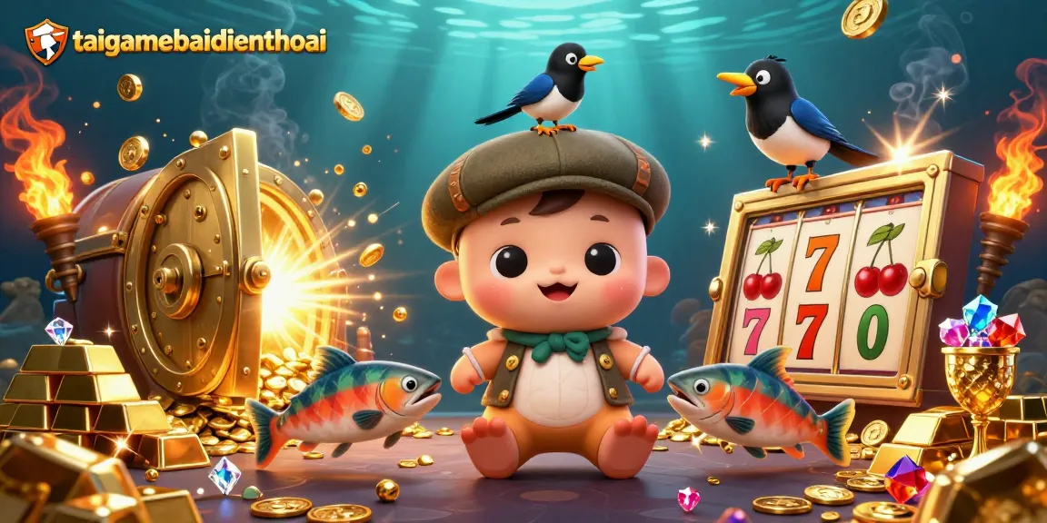 Join the adventure with taigamebaidienthoai, where fun meets winning in an exciting casino-themed illustration.